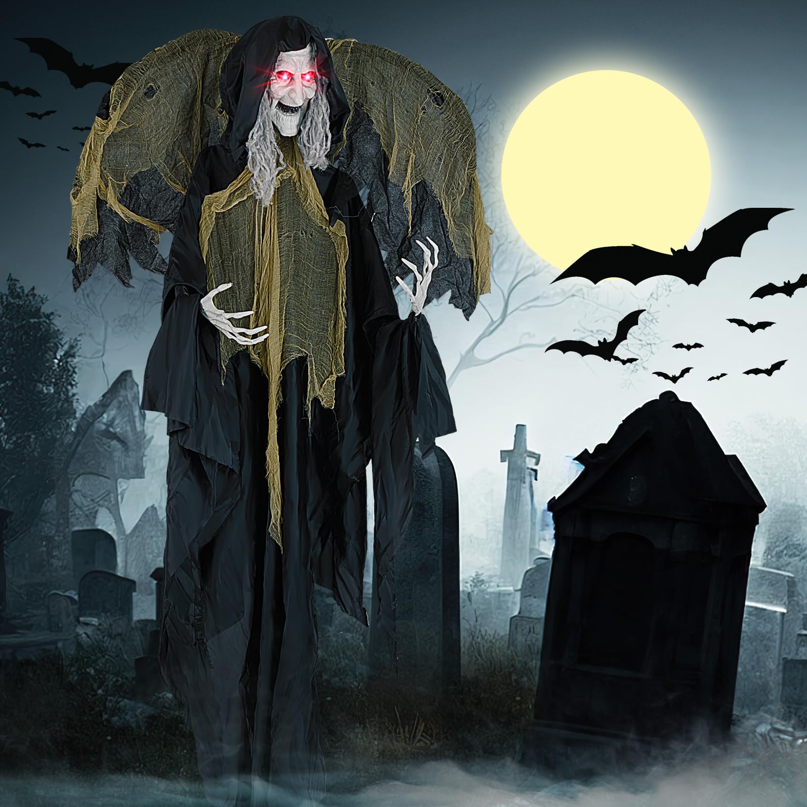 Tangkula 2,5 m Sorcière animatronique avec ailes, fantôme activé par la voix avec yeux lumineux pour Halloween